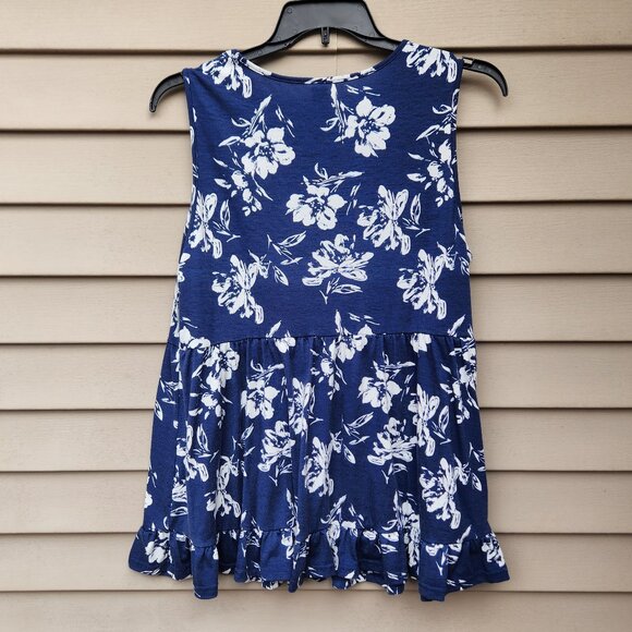 Emery Rose Plus Sleeveless Peplum Blouse Ruffle Trim Blue White Floral Print - Picture 8 of 10